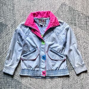 Auth 80s Vintage EAST WEST Denim Jacket Retro Acid Wash Oversized Neon Accents